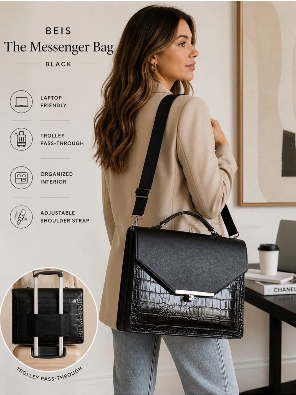 Brand New BEIS Black Croc-Accent Messenger Laptop Bag